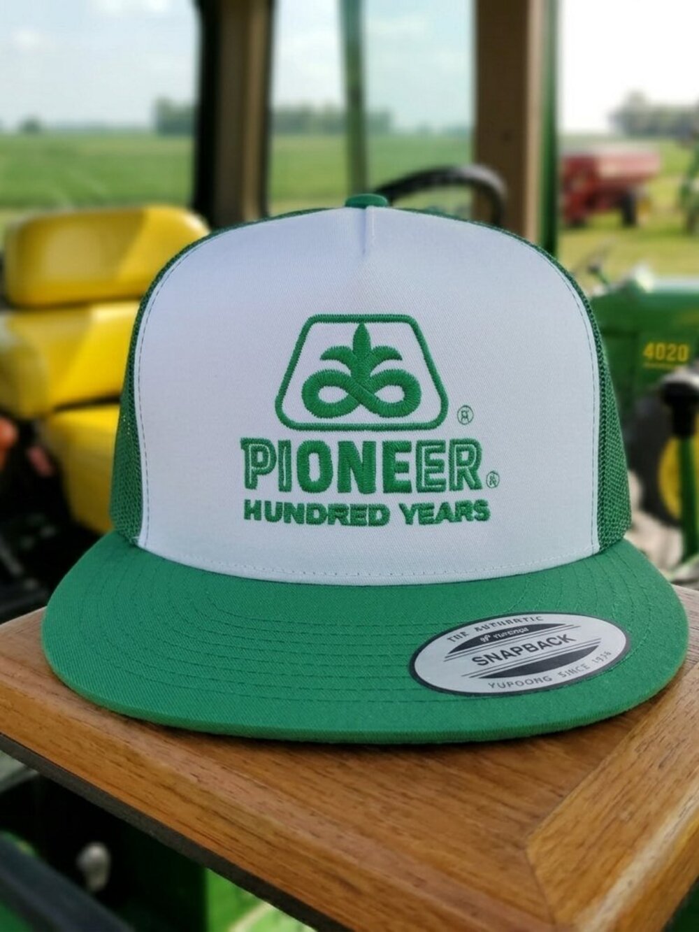 Pioneer Seed Hundred Years Embroidered Green White Yupoong Snapback Hat Farmer